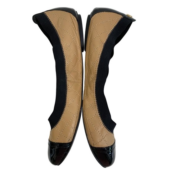 9.5 Tory Burch Quilt Scrunch Bridgette Leather Ballet Flats Black Toe Cap - Picture 9 of 12